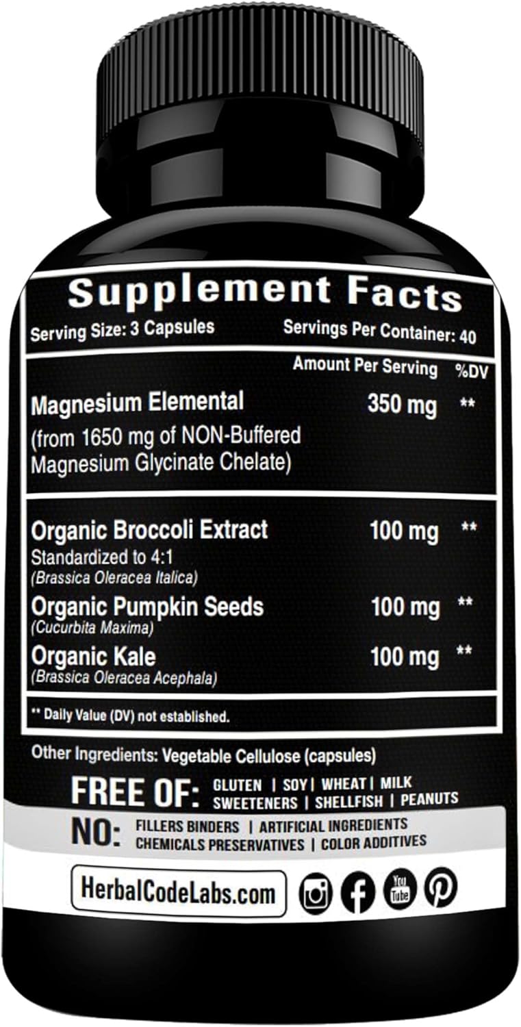 Pure Magnesium Glycinate Capsules - Non-Buffered 350mg Elemental Magnesium Supplement - Chelated High Absorption & Purity Magnesium Complex - Made in USA