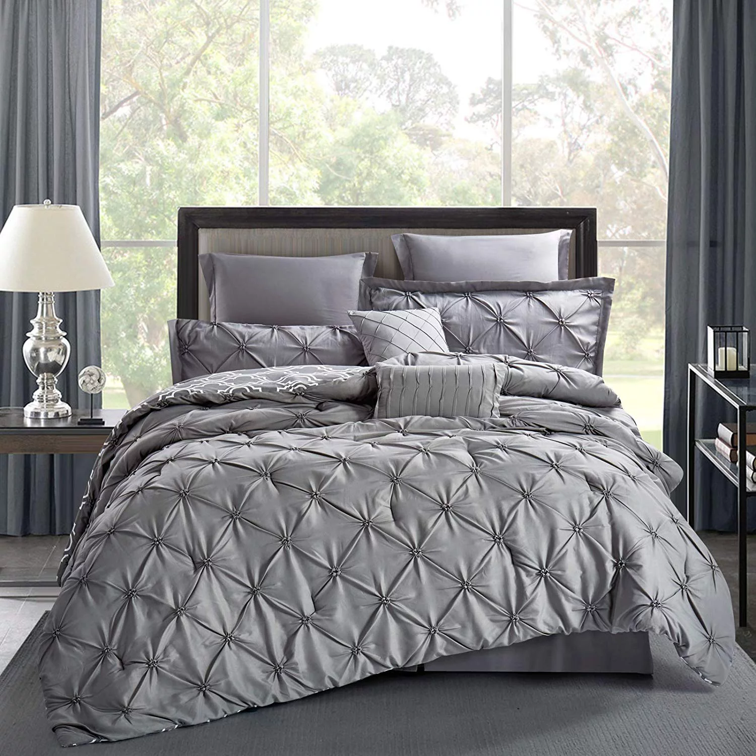 Unique Home Pinch Pleat 8 Piece Reversible Comforter Set Bed In a Bag Clearance Bedding Comforter Duvet, Fade Resistance, Super Soft (Queen, Grey)