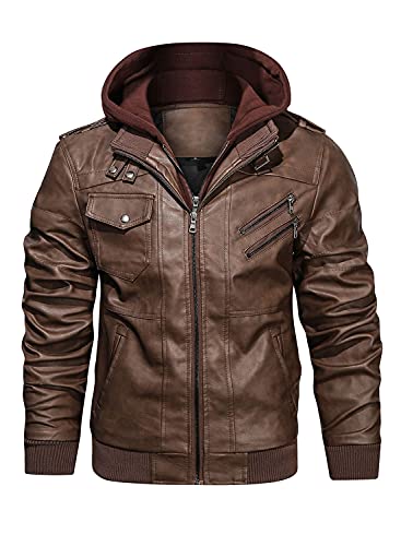 HOOD CREW Men’s Casual Stand Collar PU Faux Leather Zip-Up Motorcycle Bomber Jacket With a Removable Hood