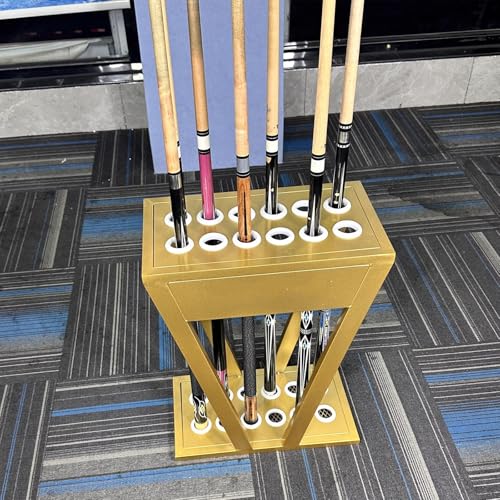 Metal Pool Cue Holder Stand - Freestanding Floor Rack for 12 Billiard Cues & Accessories, Portable Game Room Organizer, Stylish Gold Finish