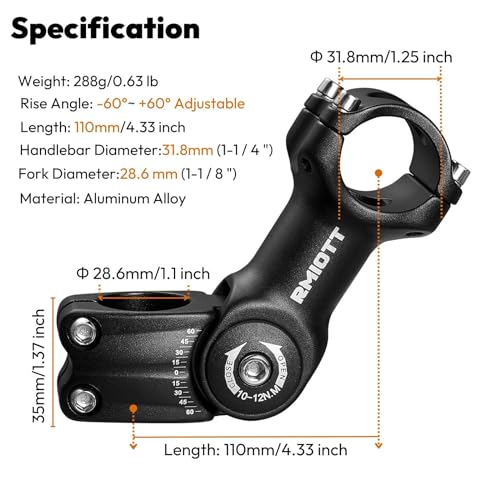 Adjustable Bike Stem 25.4/31.8 0-60 Degree 90/110/130mm Length Bicycle Stem Riser for Handlebar- Black Aluminum Alloy