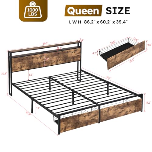 Full Size Bed Frame with Headboard, LED Platform Bed Frames with 4 Storage Drawers, Built in Charging Station, Noise Free, Stable and Solid, No Box Spring Needed, Gray