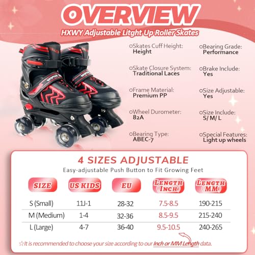 Kids Roller Skates for Boys Girls Child, Adjustable 4 Sizes Roller Skates for Kids and Youth with Light Up Wheels, Quad Black & Red Roller Skates for Sports