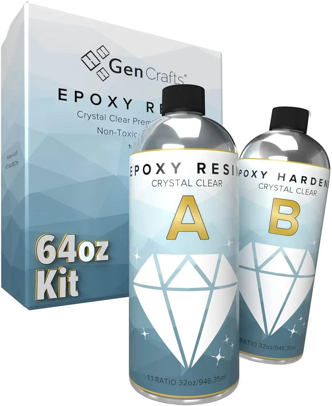 64 oz Epoxy Resin Kit by GenCrafts - Crystal Clear and Perfect for Silicone Molds, Jewelry Art, Coating, Tumblers, and More - for use with Additives Like Glitter, Mica Powder, and Liquid Pigment