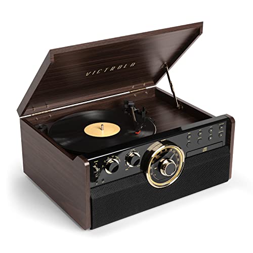 Victrola The Empire Mid-Century 6-in-1 Turntable & Multimedia Center with Built-in Speakers – 3 Speed, Bluetooth Connectivity, Radio, Cassette & CD Player, RCA Out, Headphone Jack (Farmhouse Walnut)