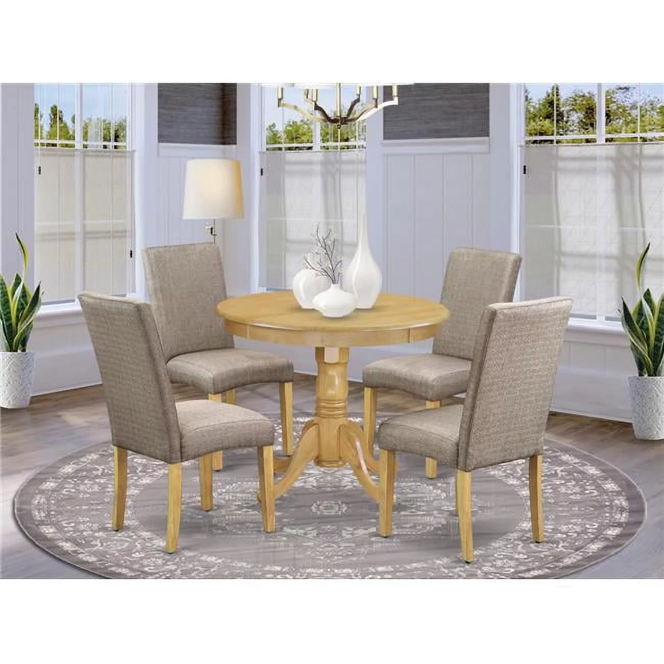 36 in. Antique Round Table & 4 Parson Chair with Oak Leg & Linen Fabric - Dark Khaki, 5 Piece