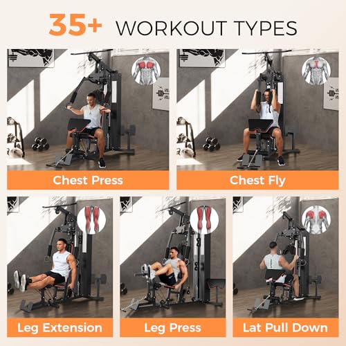Multifunctional Home Gym Equipment, Workout Station with 150LBS Weight Stack, Full Body Workout Equipment with Pulley System, All in One Workout Machine with Leg Press