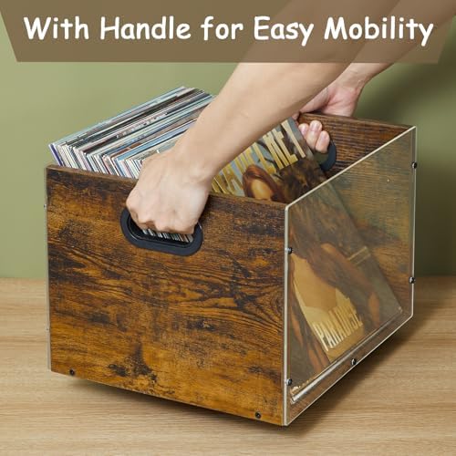Record Album Storage Crate, Bamboo & Acrylic Vinyl ​Record Crate, Multifunctional Visible Record Holder Crate with Handle, Great for Storing Vinyl ​Record LP's/Albums Hanging Letter Size Folders Toy