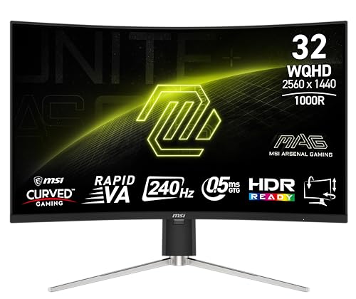 MSI MAG 325CQRXF E2 31.5-inch 2560 x 1440 (WQHD) Computer Monitor, 240Hz, Adaptive-Synch, HDMI, Display Port, VGA Port, VESA Mountable, Tilt, Height Adjustable, Speaker, 0.5ms, Black, Panel Type VA