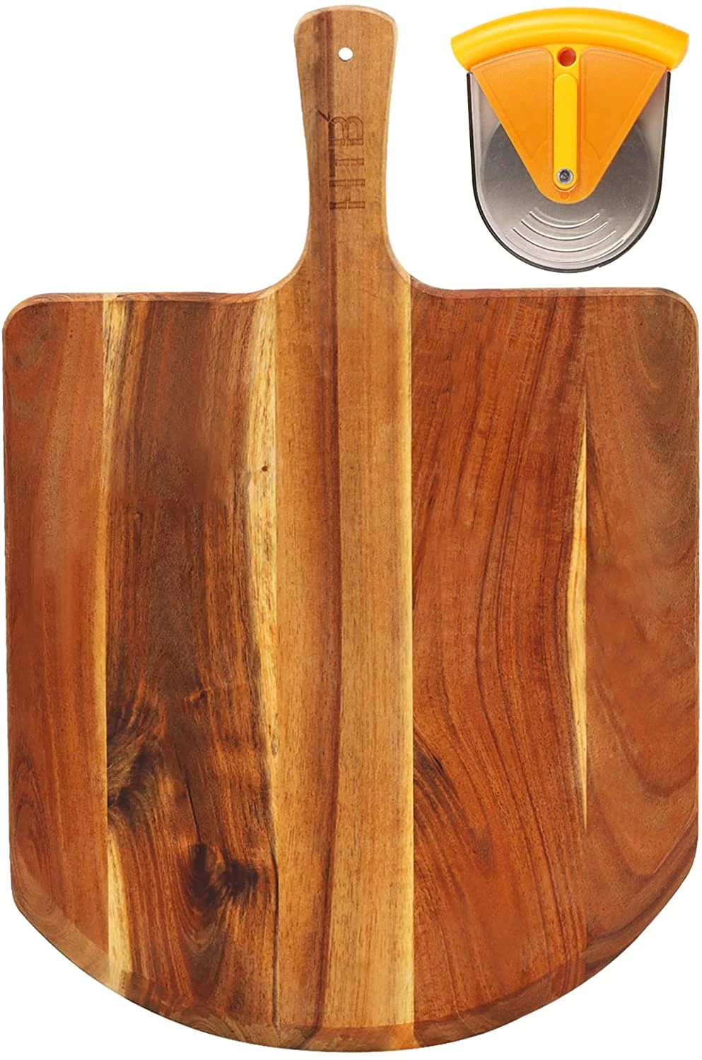 Acacia Wood Pizza Board With Cutter, 19 x 12 Inch Paddle Board Great for Homemade Pizza, Cheese and Charcuterie