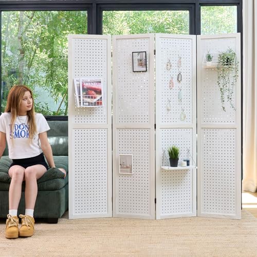 Room Divider Freestanding Folding Pegboard Privacy Screen | 4-Panel Display Stand for Jewelry, Craft Shows, Retail | Natural Wood, Portable & Space-Saving Design