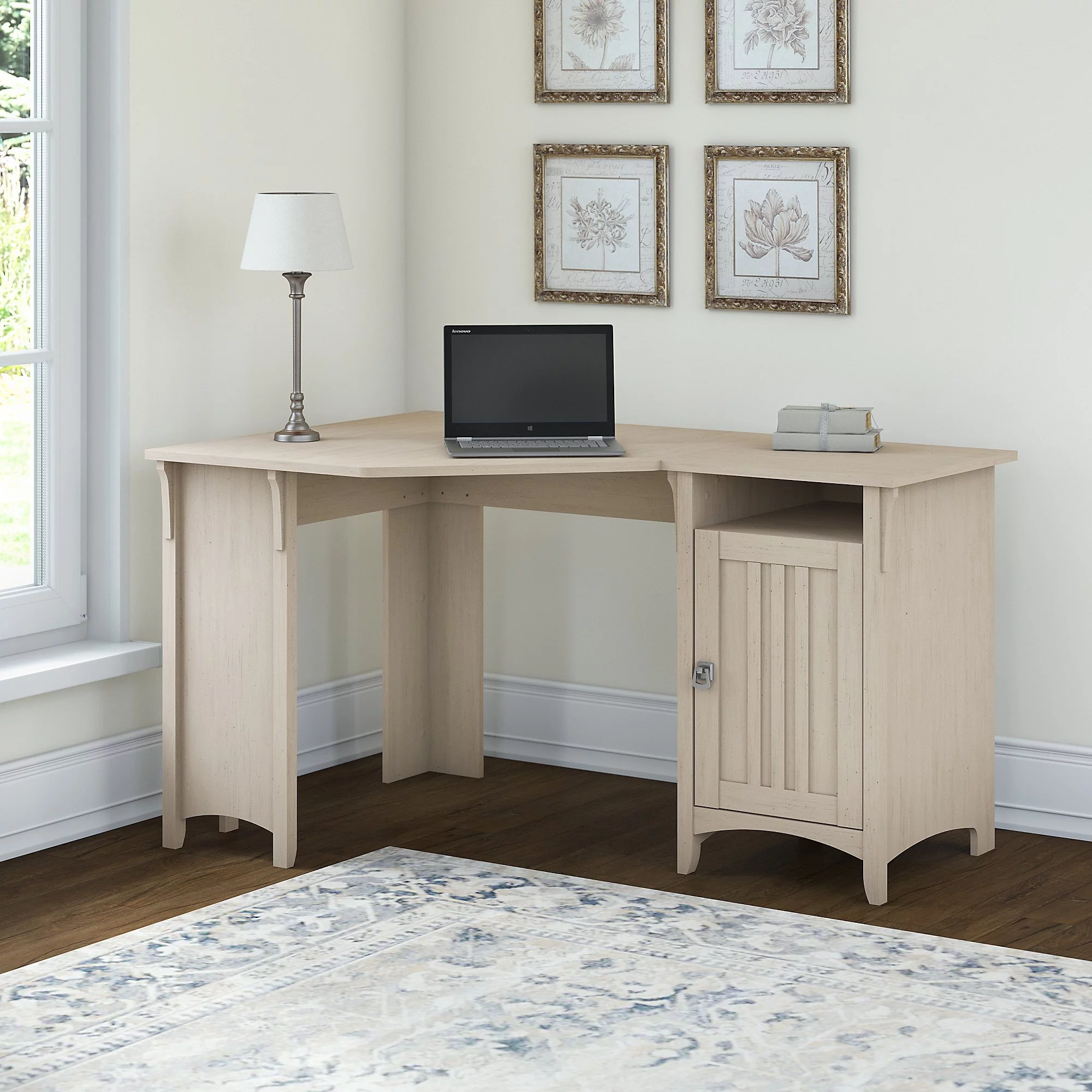 Bush Furniture Salinas Farmhouse 55W Corner Computer Desk with Storage in Antique White