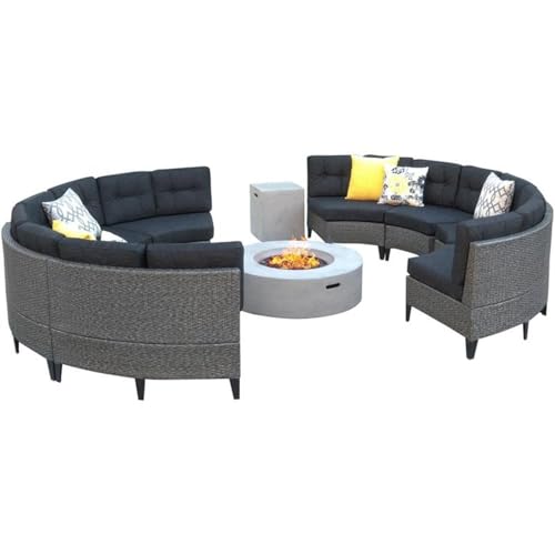 Christopher Knight Home Navagio Outdoor Wicker Full Round Sofa Set with Fire Table, 10-Pcs Set, Mixed Black / Dark Grey / Light Grey