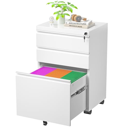 Greenvelly 3 Drawer Mobile File Cabinet with Lock, Fully Assembled Rolling File Cabinet Except Casters, Under Desk File Cabinet with Wheels for Home Office Fit Legal/Letter/A4 File (Assembled, Black)
