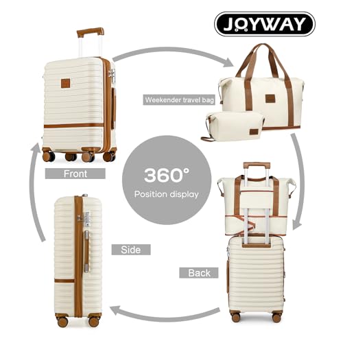 Joyway Carry On Luggage 20 Inch Expandable Suitcase with Spinner Wheel, 4 Piece Hard Shell Luggage Set with TSA Lock(White brown)