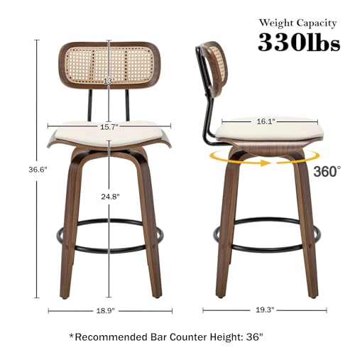 Rattan Bar Stools Set of 2,Counter Height Bar Stools,Swivel Bar Stools with Back,Counter Stools for Kitchen Island,Leather Bar Chairs with Wood Legs,Mid Century Modern Bar Stools,Beige
