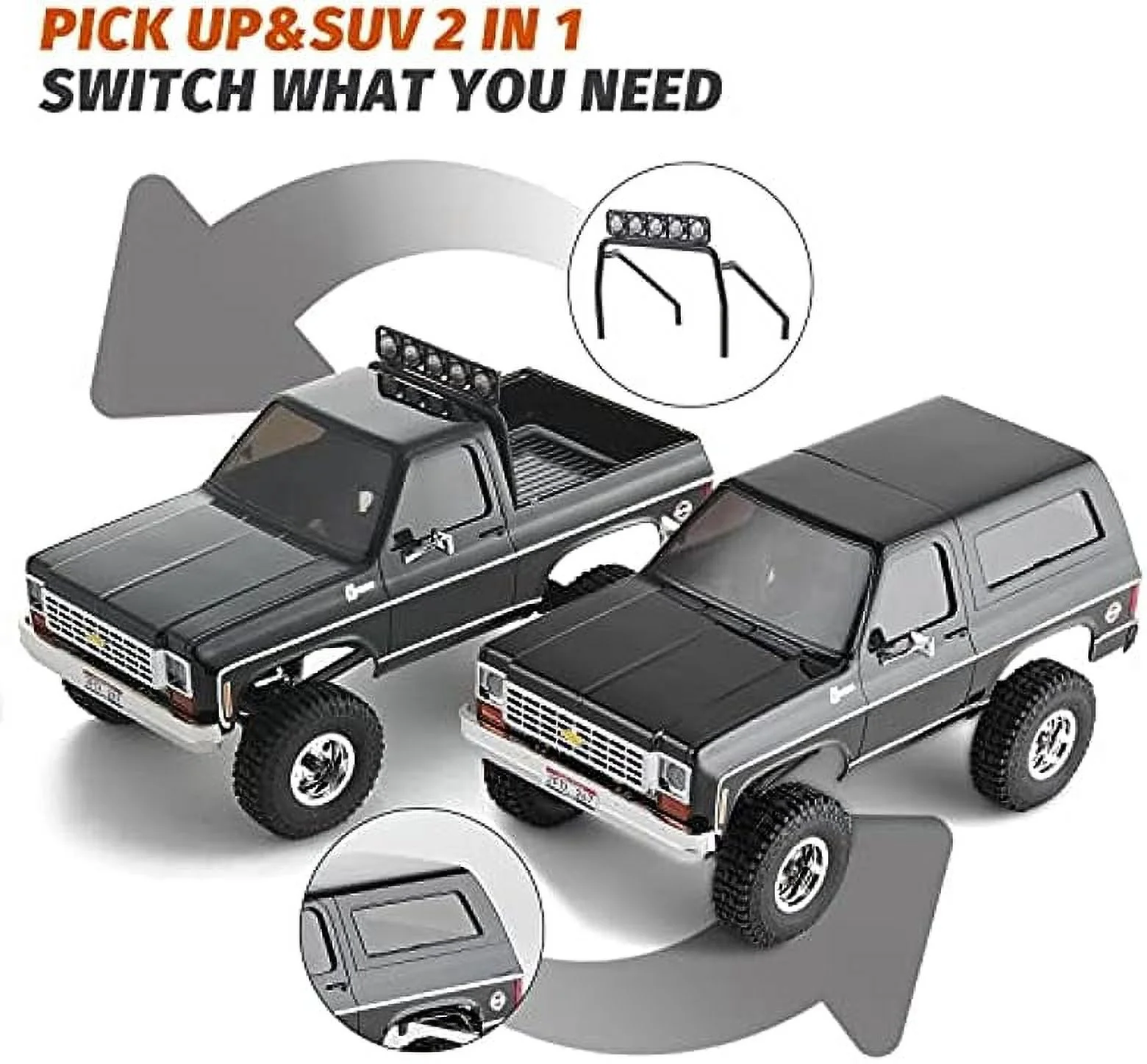 FMS 1/24 RC Crawler FCX24 Chevy K5 Blazer Officially Licensed, Mini RC Car Pick Up Truck & SUV 2 in 1, 4WD 8km/h 2 Speeds Switch, 2.4GHz 3CH Off-Road RC Model with LED Lights for Adults, Black