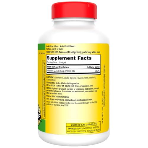 Kirkland Extra Strength Vitamin D-3 2000 IU 600 Soft Gels (Pack of 1)