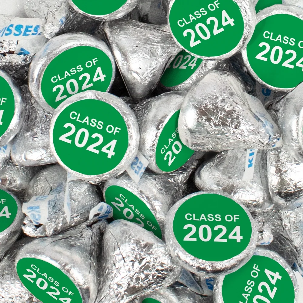100 Pcs Green Graduation Candy Party Favors Class of 2024 Silver Foil Kisses Chocolate (1 lb. Approx. 100 Pcs)
