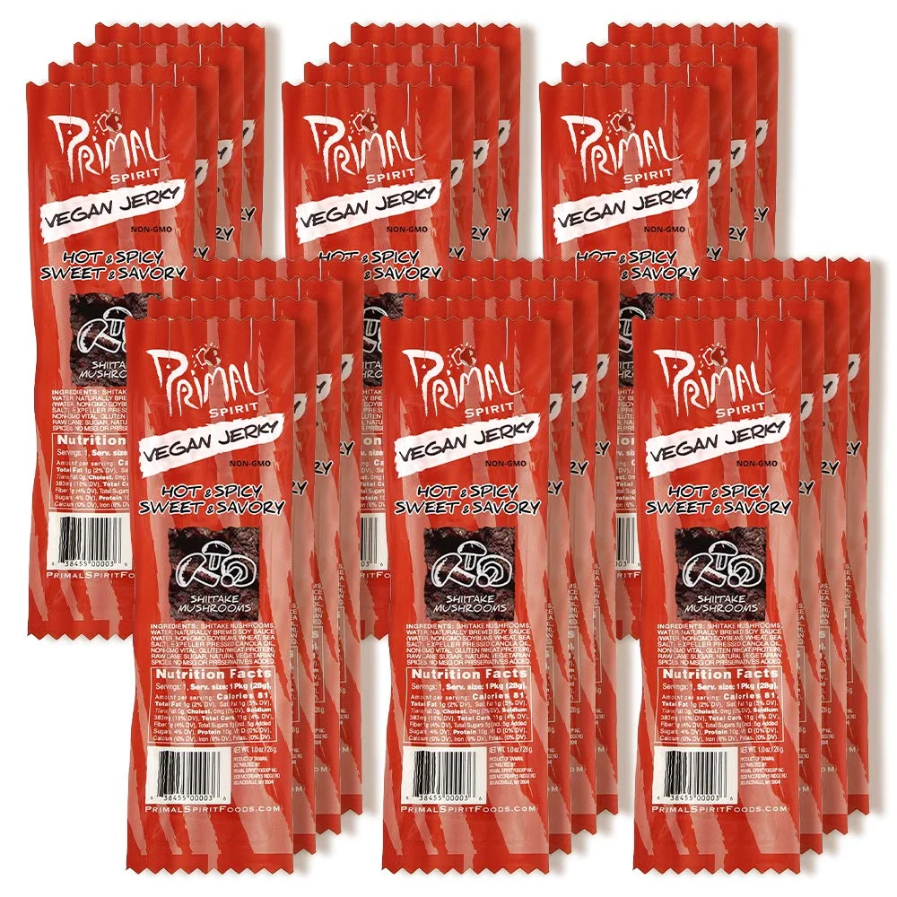 Primal Hot & Spicy Shiitake Mushrooms Vegan Meatless Jerky Strips, 1 OZ (Pack of 24)