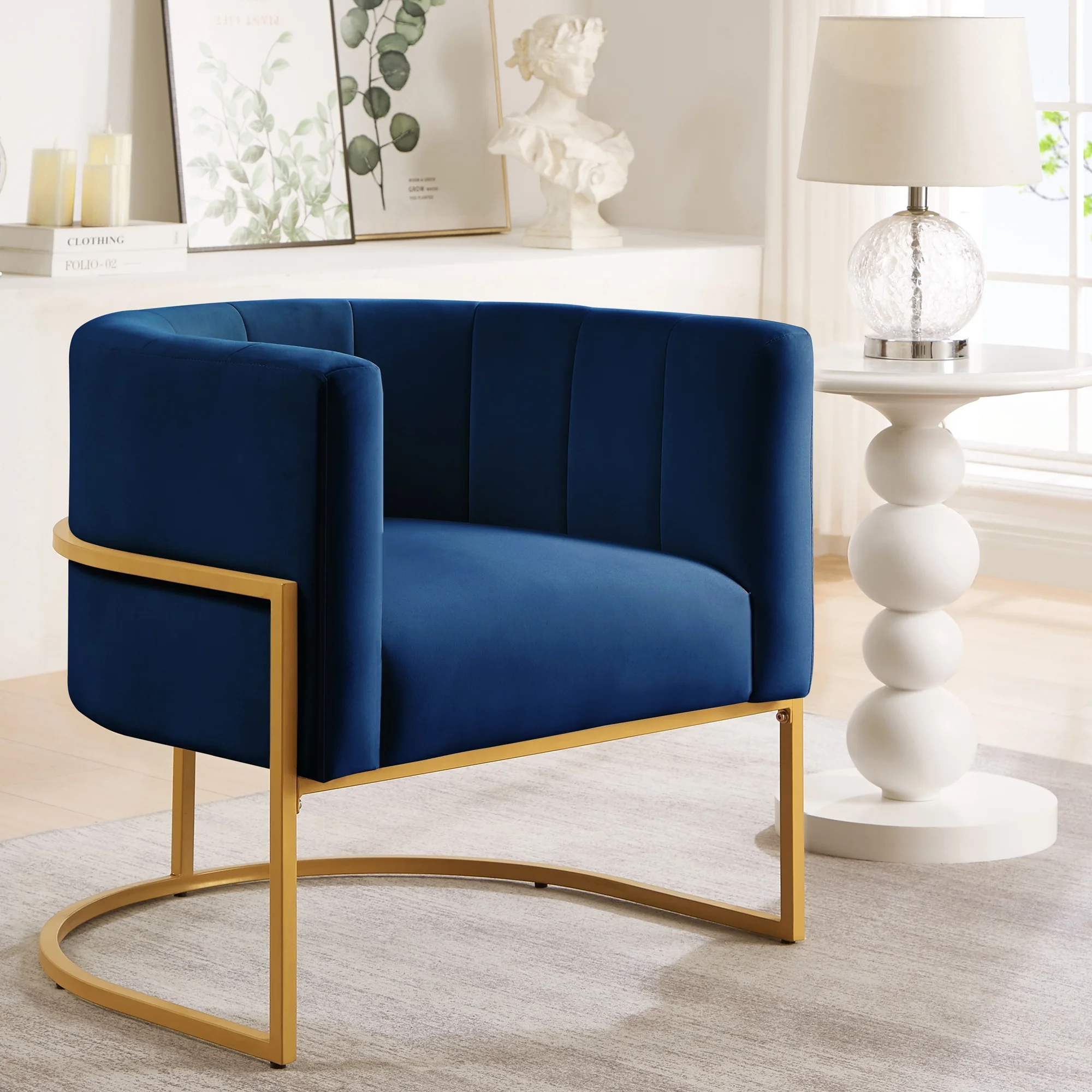 Navy Blue medieval soft cushioned velvet living room armchair with gold metal base