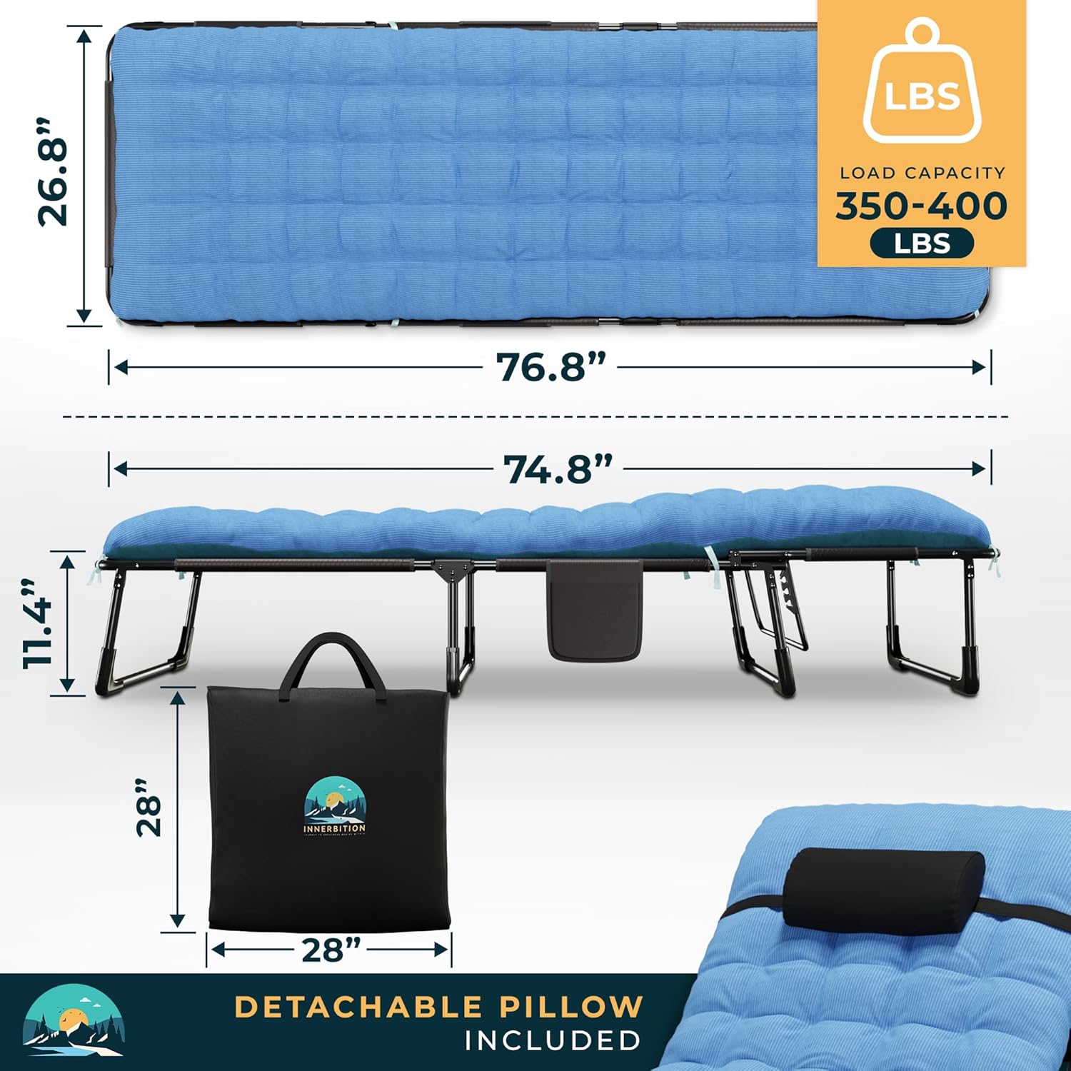 Folding Camping Cot Bed - Heavy Duty Cot Outdoor Bed with 4 Adjustable Position, Pillow, Double-Sided Cushion & Carrying Bag - Sleeping Cots for Adults, Travel Cot for Beach, Patio & More