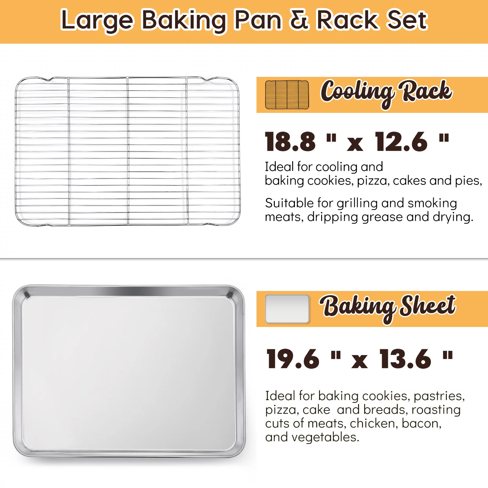 Vesteel Extra Large Baking Sheet and Rack Set of 4 ( 2 Pans + 2 Cooling Racks ), Stainless Steel Cookie Half Sheet Pan Rectangle - 20''x14''x1''