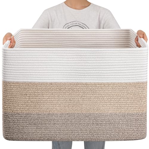 OIAHOMY 108L Super Large Blanket Basket, 25”x16”x16” Rectangle Woven Baskets for Storage, Cotton Rope Basket For Living Room, Toy Storage with Handle - Gradient Blue