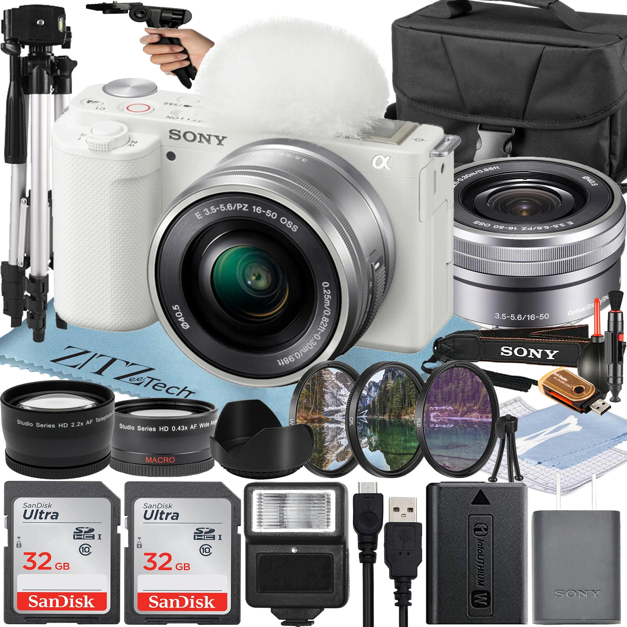Sony Alpha ZV-E10 Mirrorless Vlog Camera with 16-50mm Lens + 2 Pack 32GB Memory Card + Flash + Tripod + Case + ZeeTech Accessory Bundle (White)