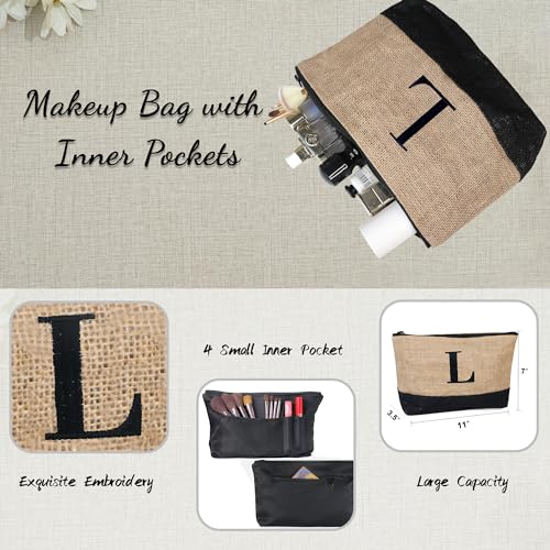 BeeGreen Mother's Day Gifts Personalized Women's Large White and Black Canvas Tote Bag, Embroidered Initials, Leather Handle, Zipper Closure