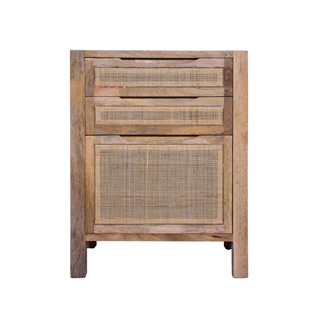 Ryan 31 Inch Cottage Mango Wood Storage Cabinet Table, Cane Rattan Panels, 3 Drawers, Natural Brown, Saltoro Sherpi