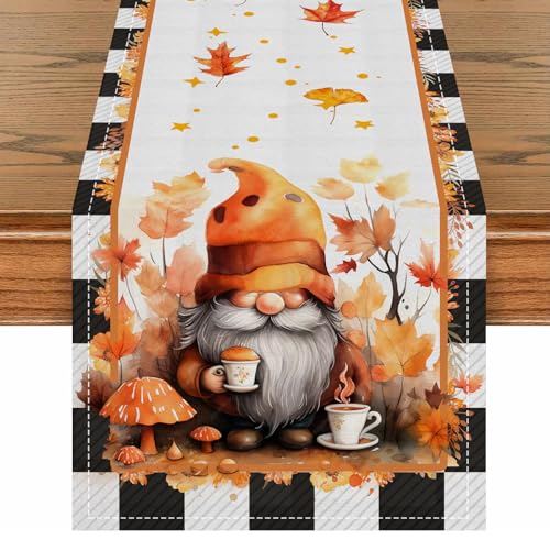 Fall Table Runner,13x90 Inch Long Mushroom Gnome Maple Leaf Decorations Autumn Thanksgiving Farmhouse Centerpiece Seasonal Harvest Vintage Table Mats Kitchen Dining Indoor Outdoor Home Party Decor