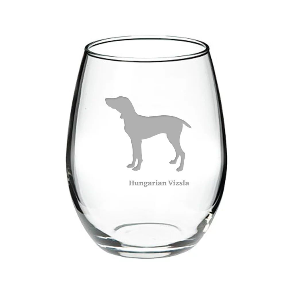 Hungarian Vizsla Deep Etched Stemless Red Wine Glass