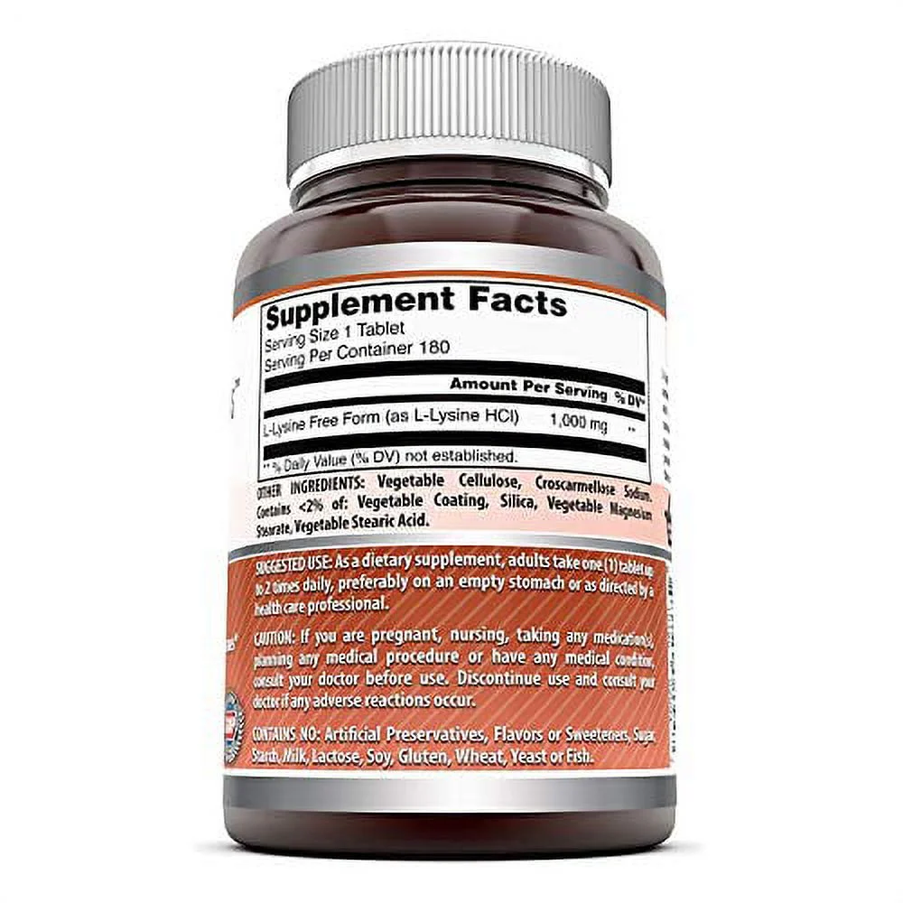 Amazing Formulas L-Lysine - 1000mg Amino Acid Vitamin 180 Vegetarian Tablets - Pack of 3