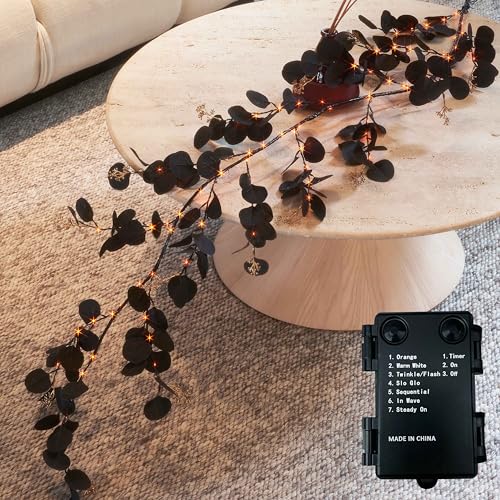 BAOLITVINE Lighted Halloween Black Eucalyptus Garland Battery Operated with 8 Functions 6FT 96 Bi-Color Fairy Lights, Black Garland with Lights for Fall Halloween Party Decoration