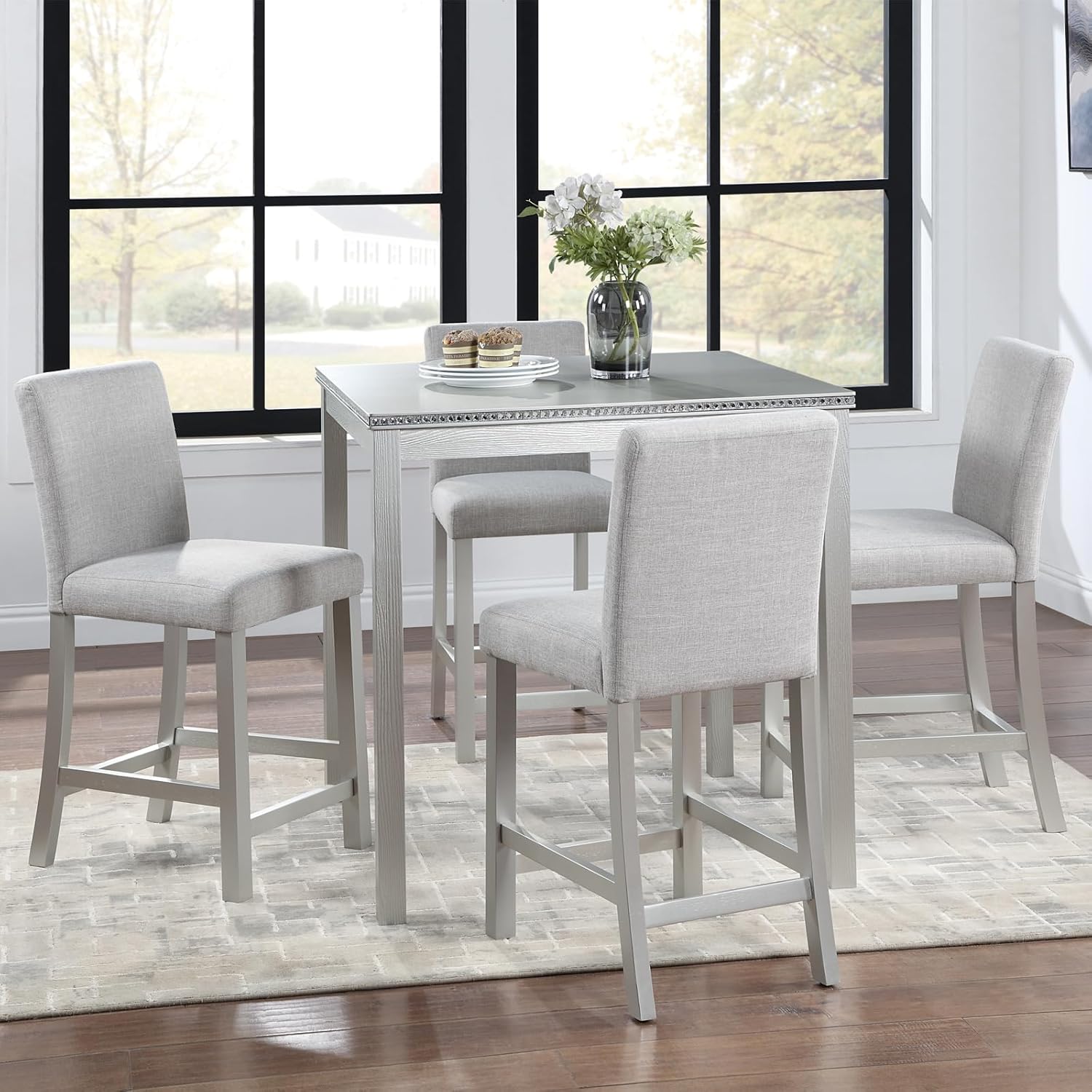 5-Piece Acacia Wood Counter Height Dining Table Set, 34.50'' Square Dining Table and 4 Upholstered-Seat Chairs, 4 Person Kitchen Dining Room Furniture Dinette Table Set, Space Saving (Grey-A2)