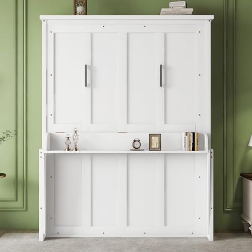 Queen Murphy Bed, Wood Hidden Wall Bed Frame with Desk and Gas Struts, Folding Cabinet Bed for Bedroom, Guestroom, Small Space, No Box Spring Needed, White