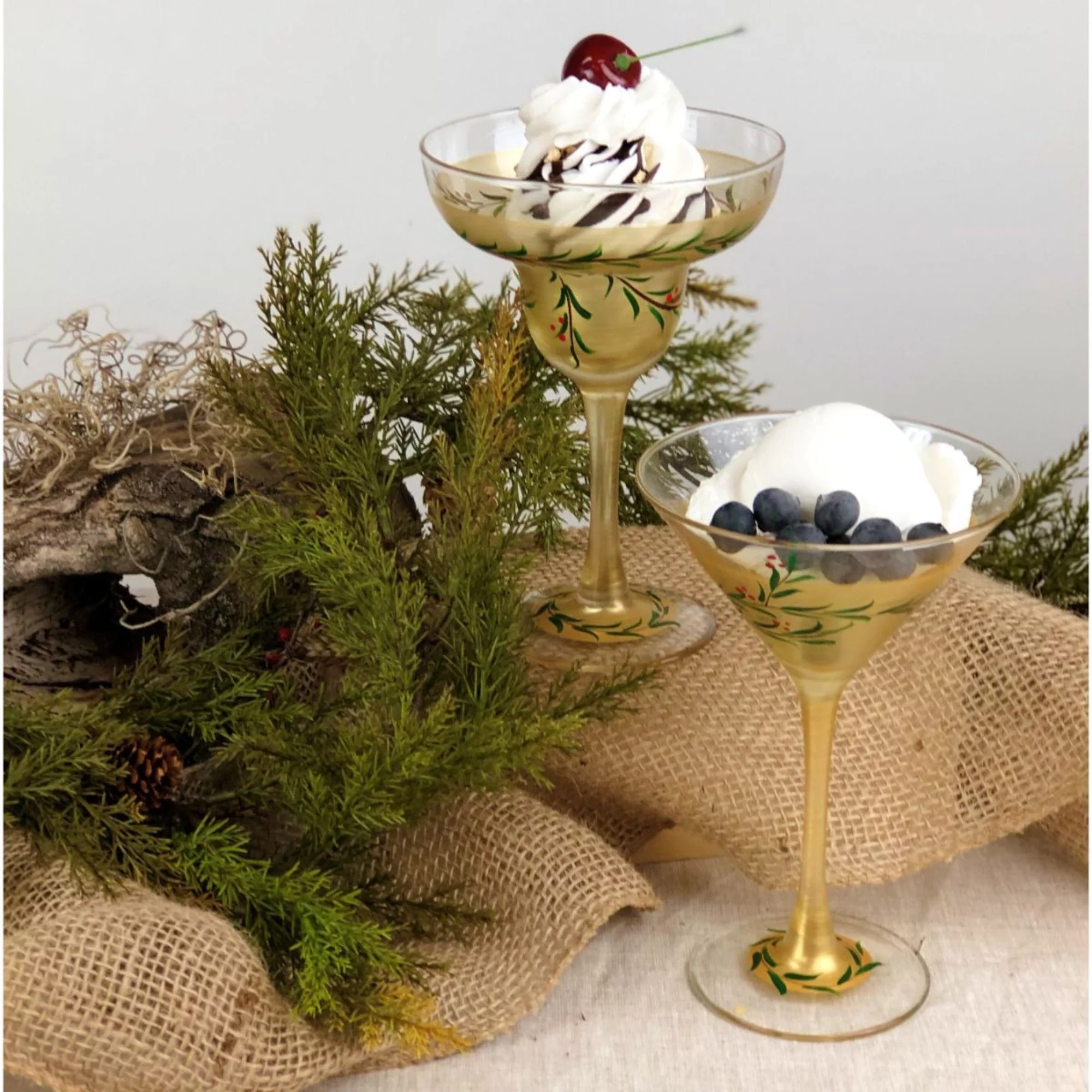 Crafted Creations Set of 2 Gold Christmas Garland Hand Painted Margarita Drinking Glasses Glasses 7