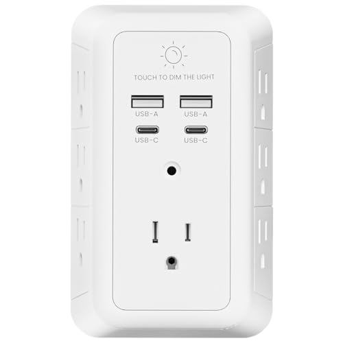 Wall Charger Surge Protector, Outlet Extender with Night Light, USB Wall Charger with 2 USB C and 2 USB Ports, 3-Sided Power Strip with Adapter Spaced Outlets for Home Office Travel, ETL Certified