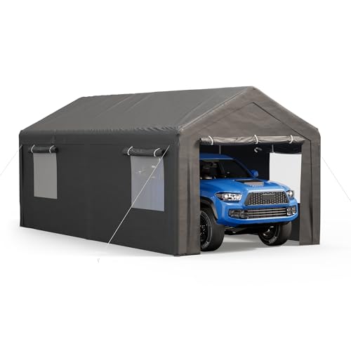Outdoor Carport 10x20 ft, Car Canopy Portable Garage with Roll-up Ventilated Windows and All-Season Tarp Cover, Heavy Duty Car Port with Removable Sidewalls for Car, SUV, Boats (Grey)