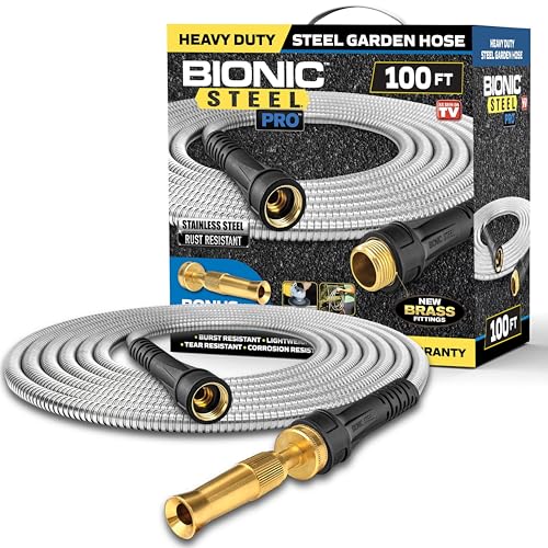Bionic Steel PRO 100 Ft Garden Hose with Nozzle, Premium 304 Stainless Steel Metal Water Hose 100Ft Flexible Hose, Rust Proof, Lightweight, Heavy Duty, Crush Resistant Fittings, 500 PSI, 2025 Model