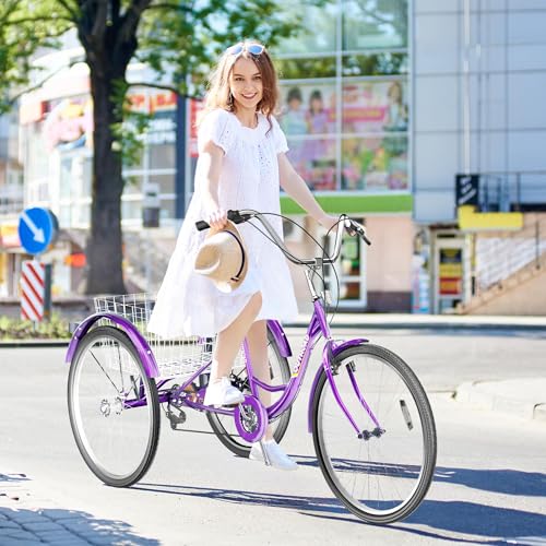 7-Speed Adult Tricycle with Large Basket 24/26 Inch, Stable 3-Wheel Cruise Bicycle for Shopping, Beach and City Trike Perfect for Men, Women, Seniors(24 Blue)