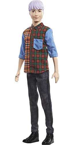 Barbie Fashionistas Ken Doll #154 with Purple Hair Wearing Color-Blocked Plaid Shirt, Black Denim Pants & Boots