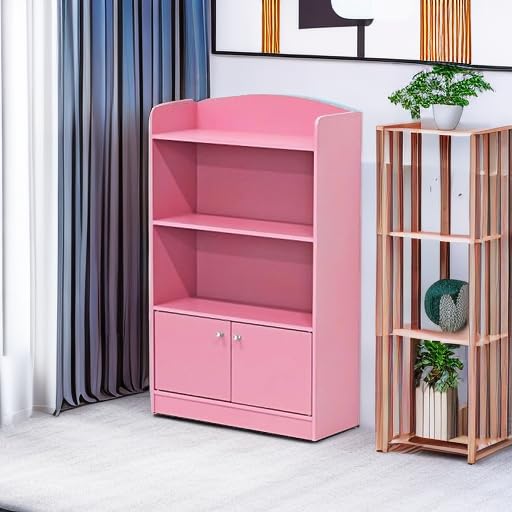 Furinno Lova Bookshelf with Storage Cabinet Basic 3-Tier Bookcase Storage Shelves, Pink