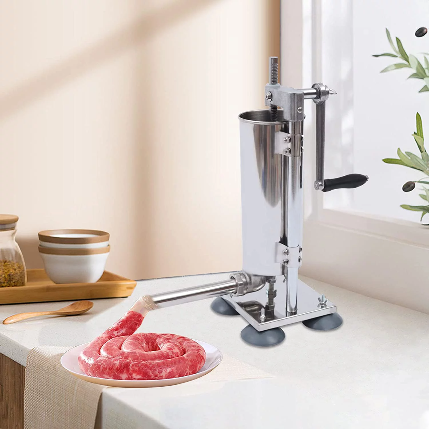 OUKANING 3L Vertical Hand-crank Sausage Maker Meat Filler Machine Sausage Stuffer Meat Press Stainless Steel with 8 Tubes