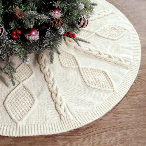 48 Inch Christmas Tree Skirt: Braided Cable Knit Tree Skirt for 7.5FT Tree, Cream White Tree Skirt, Vintage Tree Skirts, Rustic Farmhouse Christmas Decorations