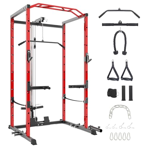 Power Cage with LAT Pulldown, Multi-Functional Power Rack with Cable Pulley System and J-Hooks, Squat Rack with Dip Bars and Landmine Attachment, Weight Cage for Home Gym Equipment