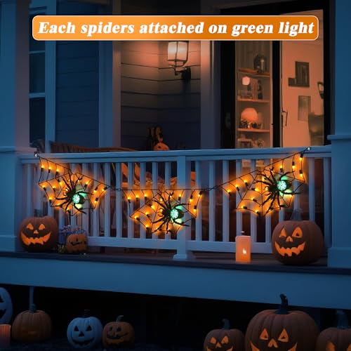 Halloween Decorations Spider Web Lights - 52.8 Inch/4.4 ft Connected Cobweb with Scary Spiders, 54 Orange & 3 Green LEDs, Timer Function, Lighted Spider Nets for Indoor Ourdoor Yard Patio