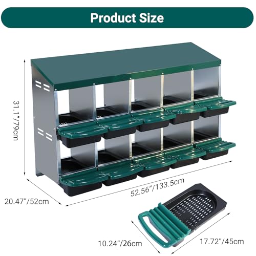 Chicken Nesting Box, 10 Hole 2 Layer Hen Nest Box with Legs, Roll Away Eggs Laying Boxes,Cleanable Pull Out Hen Roosting Boxes