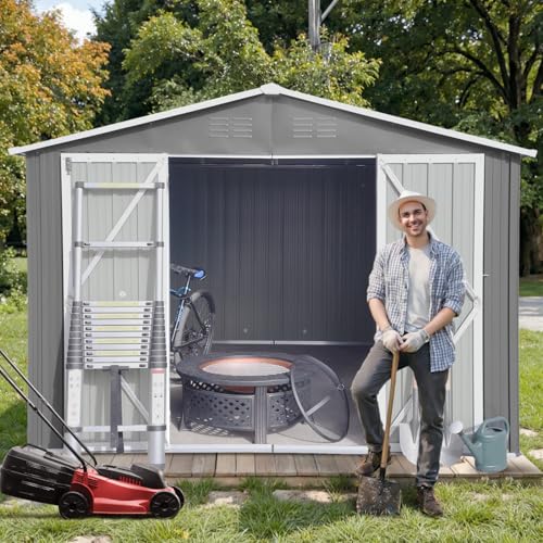 10 x 8 FT Outdoor Storage Shed, Metal Garden Tool Shed with Air Vents & Lockable Doors, Heavy-Duty Waterproof Small Bike shed Easy to Assemble for Garden, Lawn, Patio, Backyard, Grey
